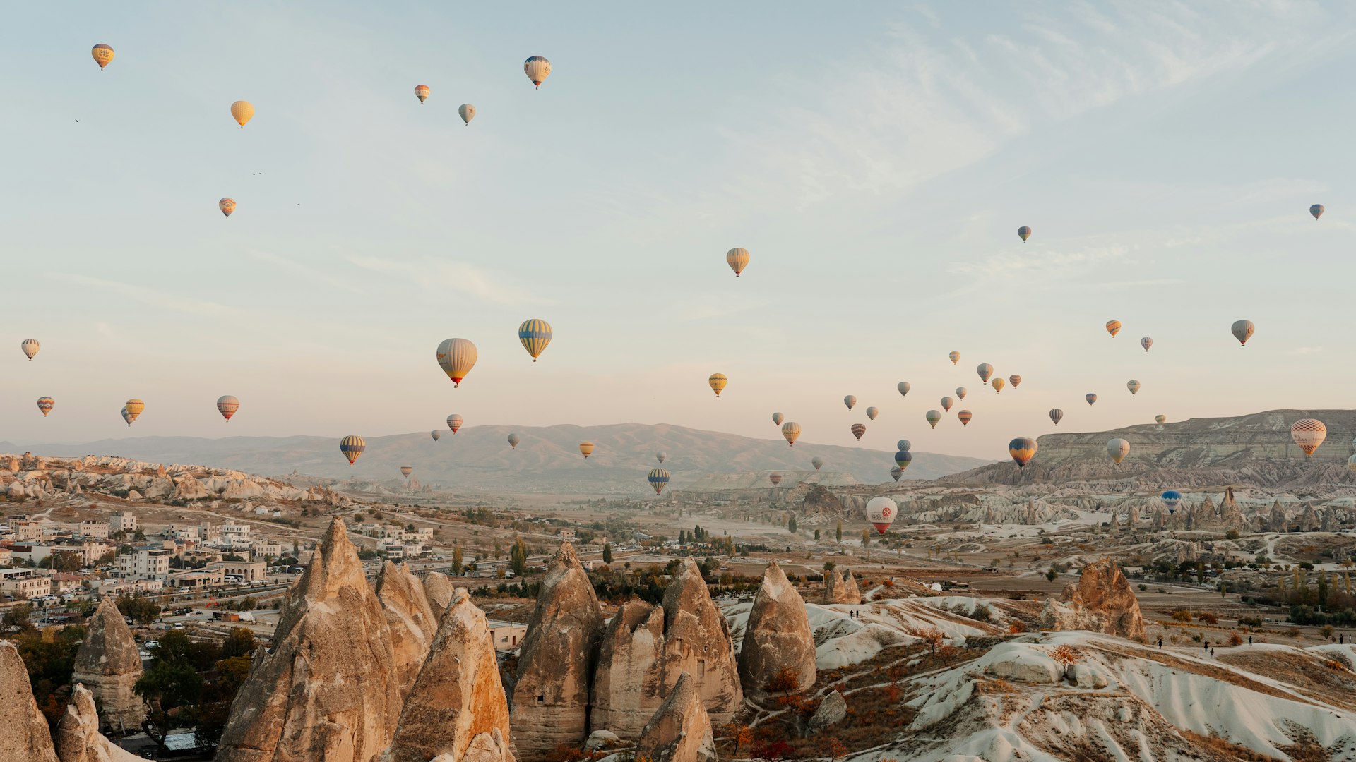 Cappadocia hot air balloons panoramic landscape at sunrise